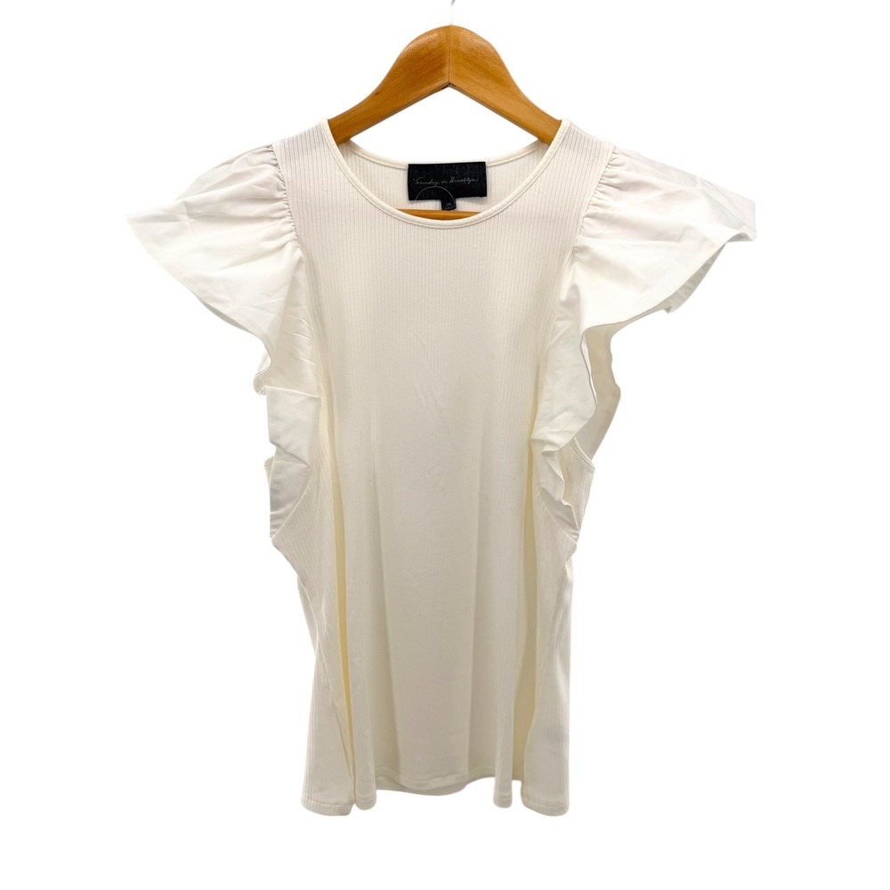 Sunday in Brooklyn Womens White Ruffle Sleeve Ribbed Knit Top Romantic‎ Sz M New